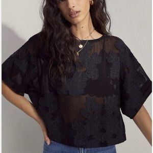 Wilfred Aritzia Blue Blayze Blouse Floral Cropped Boatneck Kimono Sleeves XS